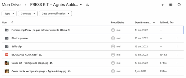 Un exemple de press kit réalisé sur Google Drive pour une sortie d'EP