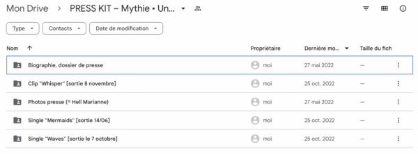 Exemple de press kit réalisé sur Google Drive